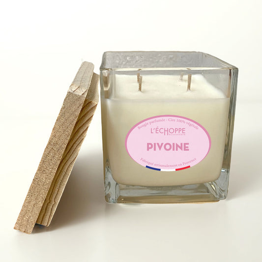 Bougie 4 mèches parfumée "Pivoine" couvercle bois 400g