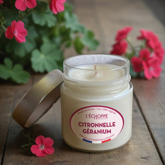 Bougie parfumée "Citronnelle / Géranium" pot rond couvercle métal 180g