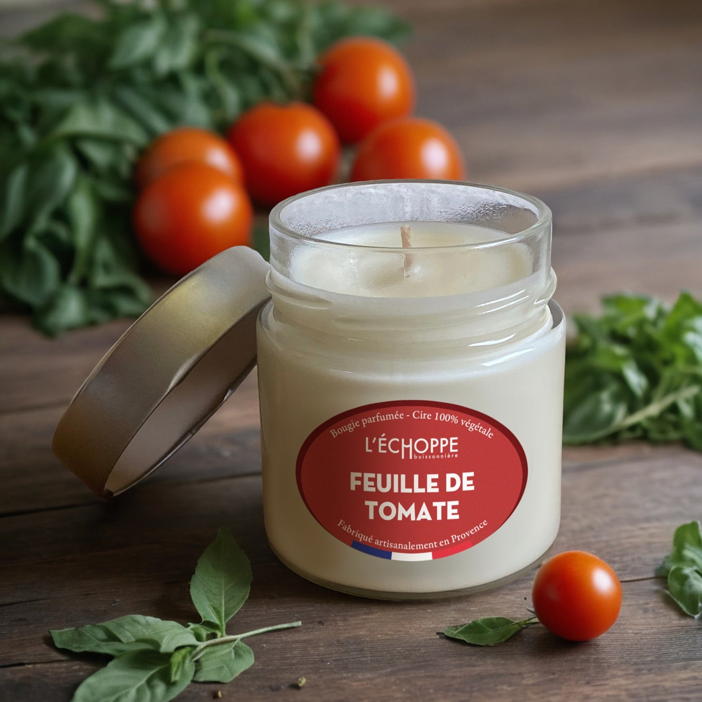 Bougie parfumée "Feuille de Tomate" pot rond couvercle métal 180g