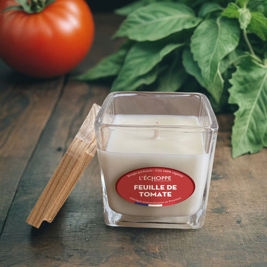 Bougie parfumée "Feuille de Tomate" pot carré couvercle bois 190g