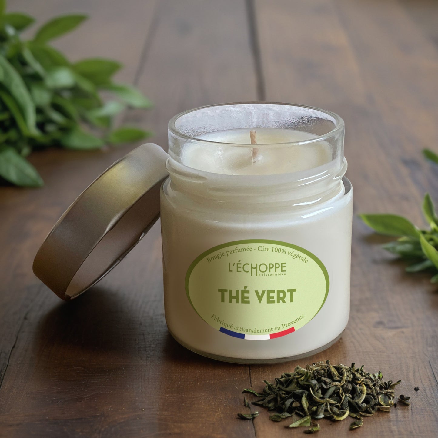 Bougie parfumée "Thé Vert" pot rond couvercle métal 180g